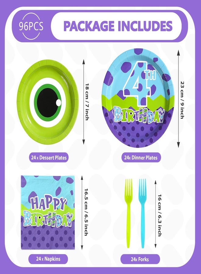 Greencian 96Pcs Monster Birthday Party Supplies 4th Monster Theme Party Plates and Napkins Disposable Green and Purple Cartoon Tableware Set for Kids 4th Birthday Baby Shower Decorations Serves 24 - Image 2